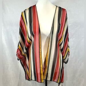 Polly & Esther pink mustard yellow black red striped kimono wrap top size large